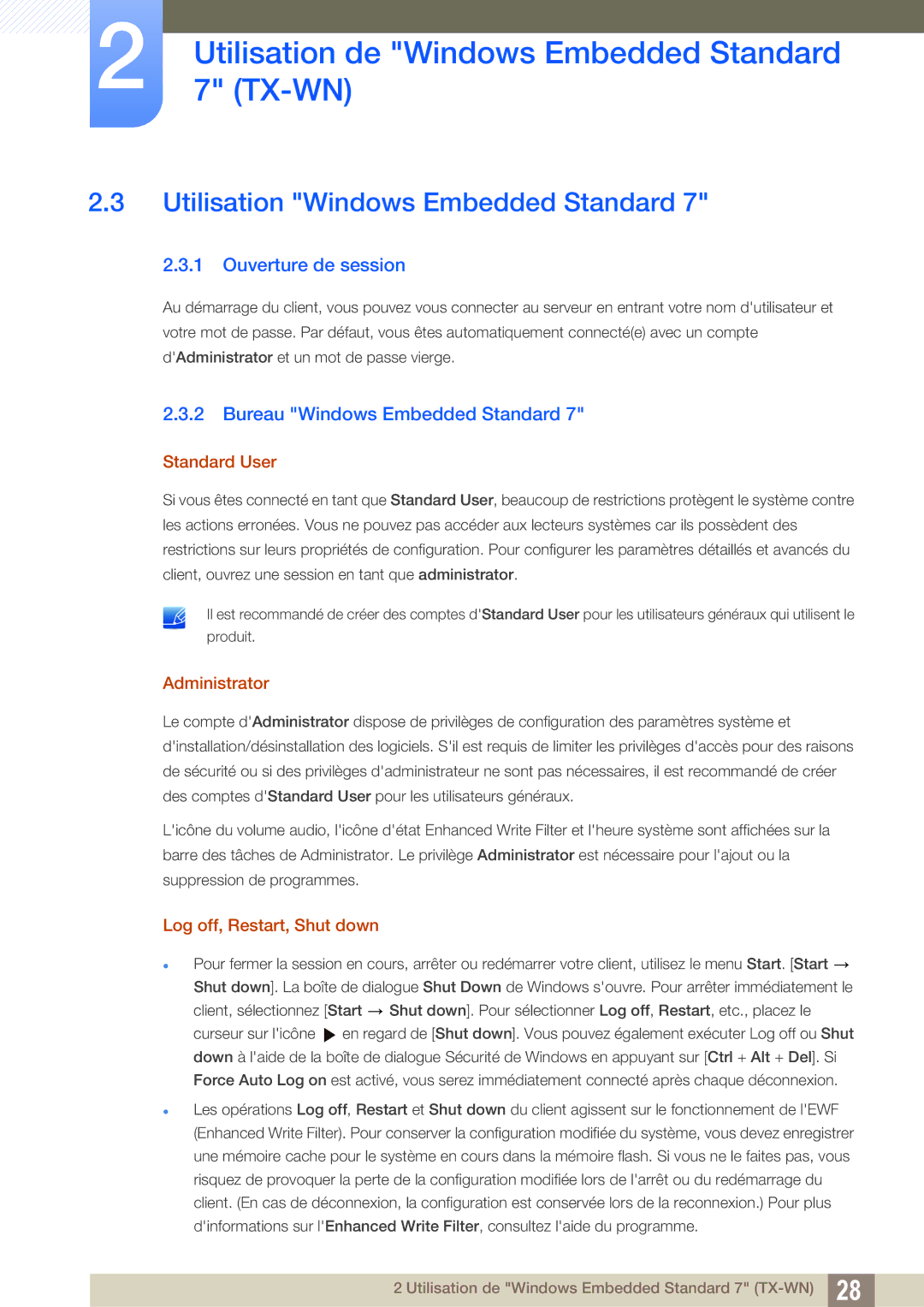 Samsung LF-TXWND/EN manual Utilisation Windows Embedded Standard, Ouverture de session, Bureau Windows Embedded Standard 