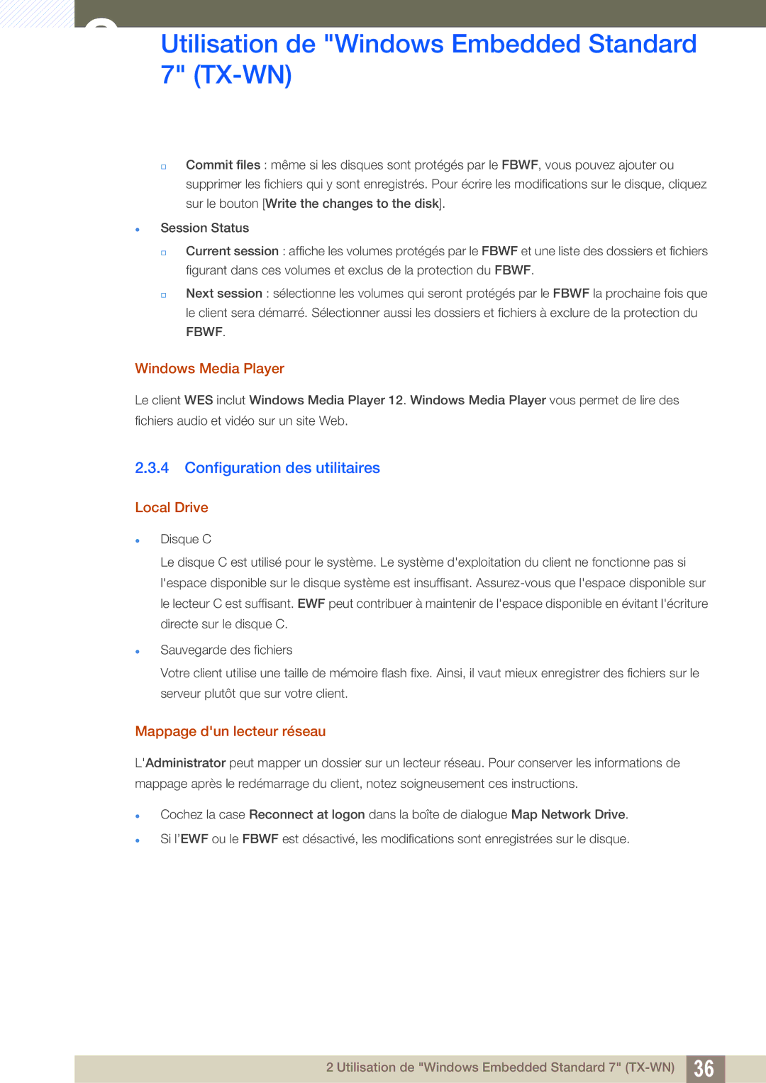 Samsung LF-TXWND/EN manual Configuration des utilitaires, Windows Media Player, Local Drive, Mappage dun lecteur réseau 