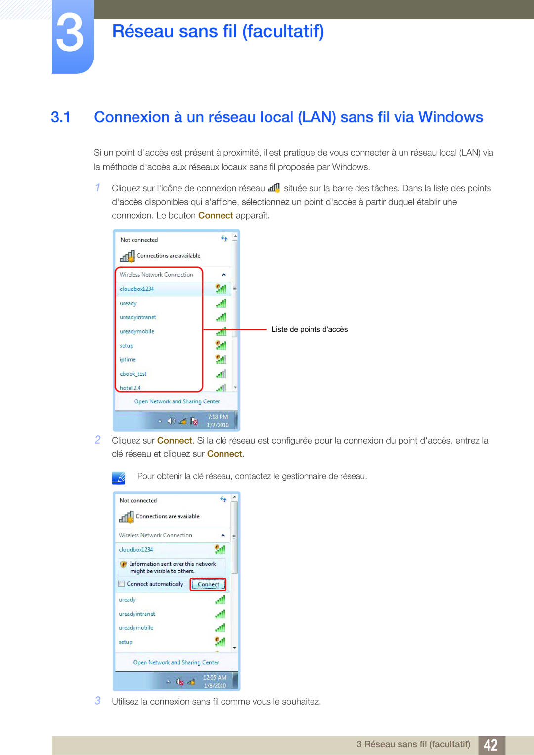 Samsung LF-TXWND/EN, LF-TXWNF/EN manual Réseau sans fil facultatif, Connexion à un réseau local LAN sans fil via Windows 