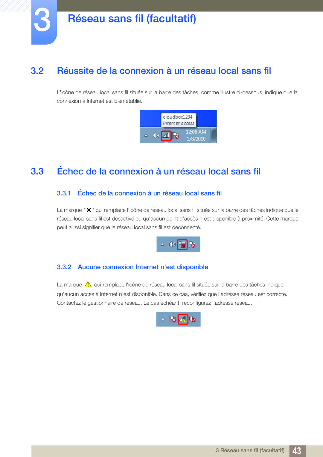 Samsung LF-TXWNF/EN Réussite de la connexion à un réseau local sans fil, Échec de la connexion à un réseau local sans fil 