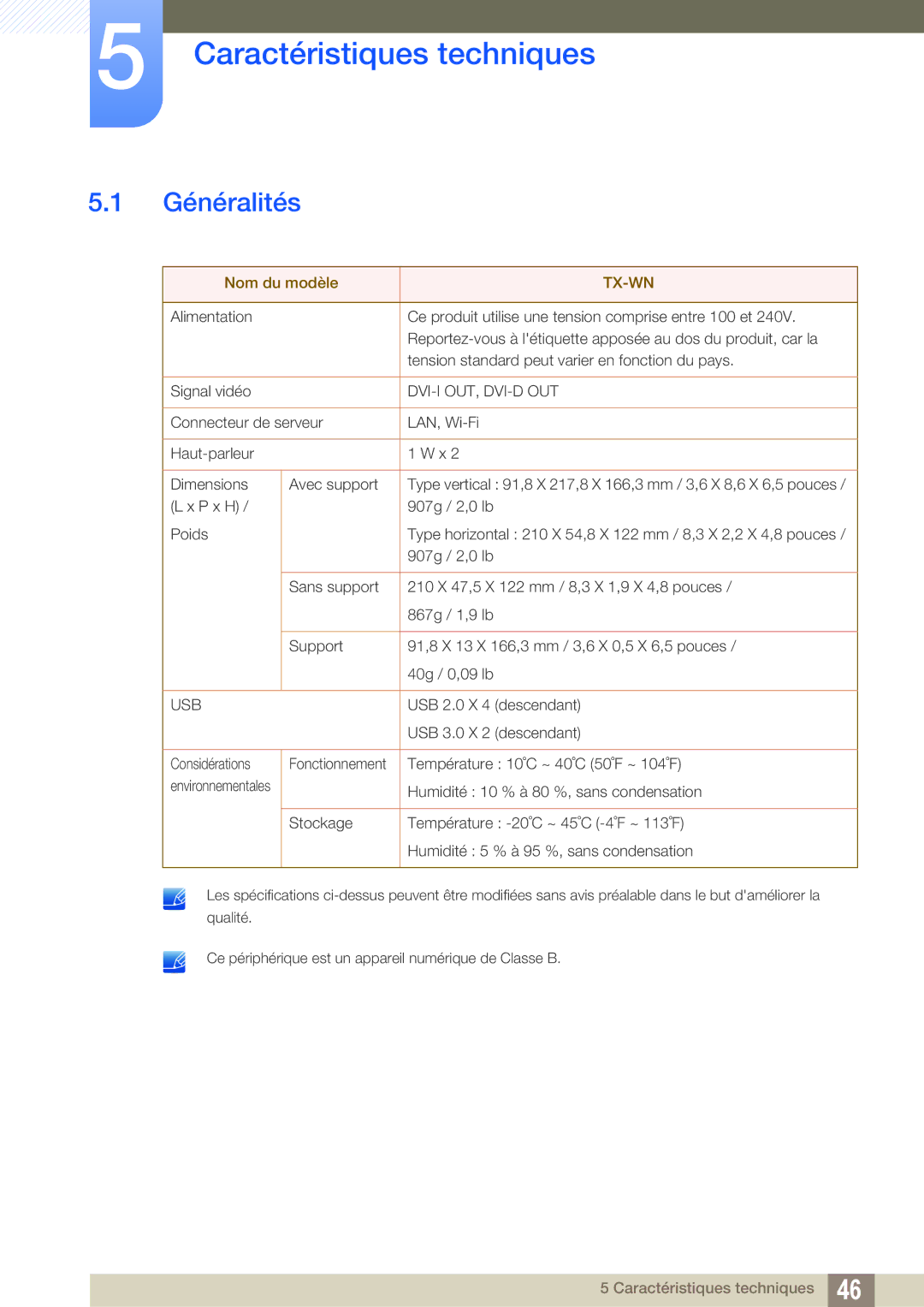 Samsung LF-TXWND/EN, LF-TXWNF/EN manual Caractéristiques techniques, Généralités 