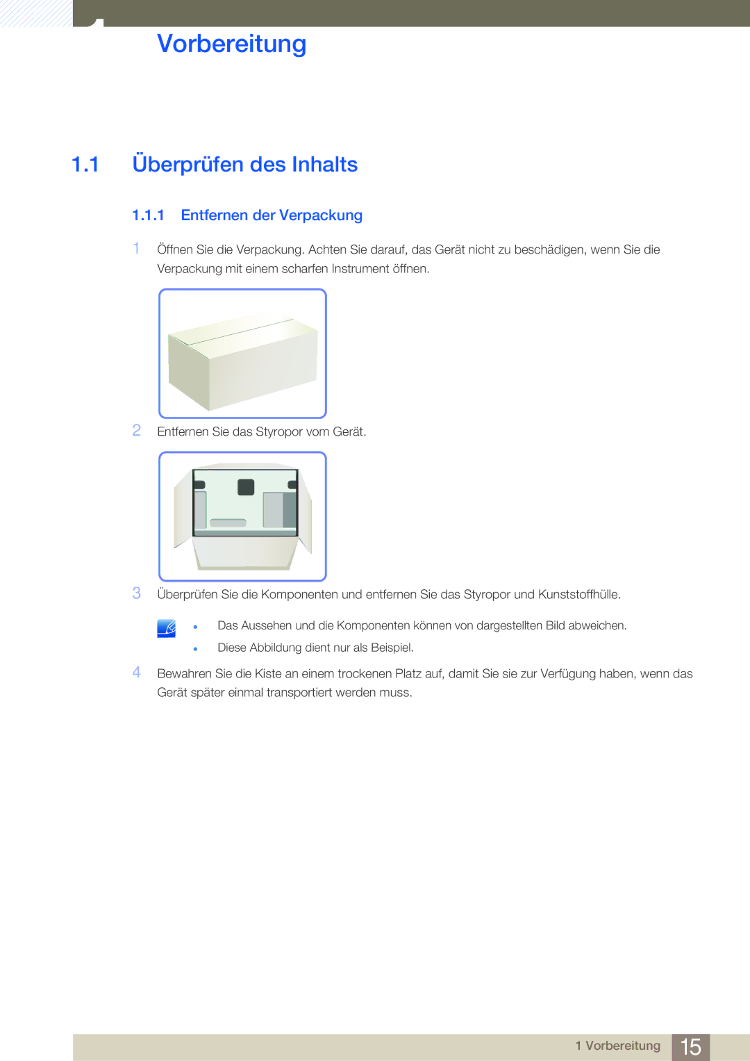 Samsung LF-TXWNF/EN, LF-TXWND/EN manual Vorbereitung, Überprüfen des Inhalts, Entfernen der Verpackung 