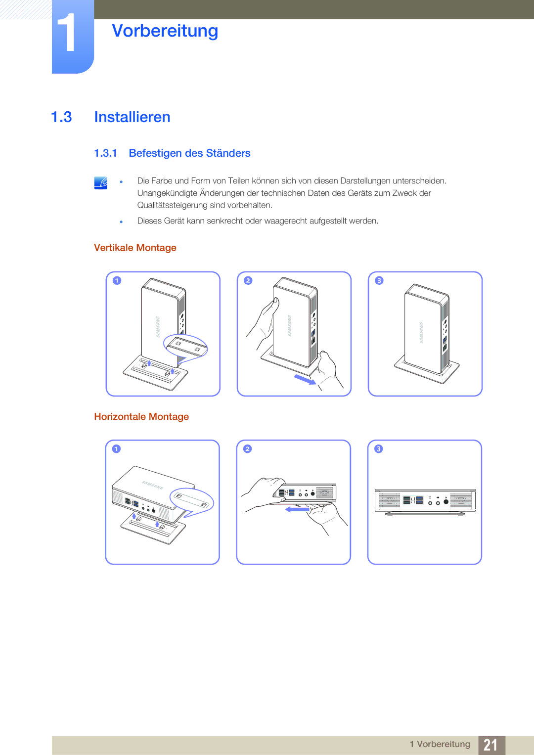 Samsung LF-TXWNF/EN, LF-TXWND/EN manual Installieren, Befestigen des Ständers, Vertikale Montage Horizontale Montage 