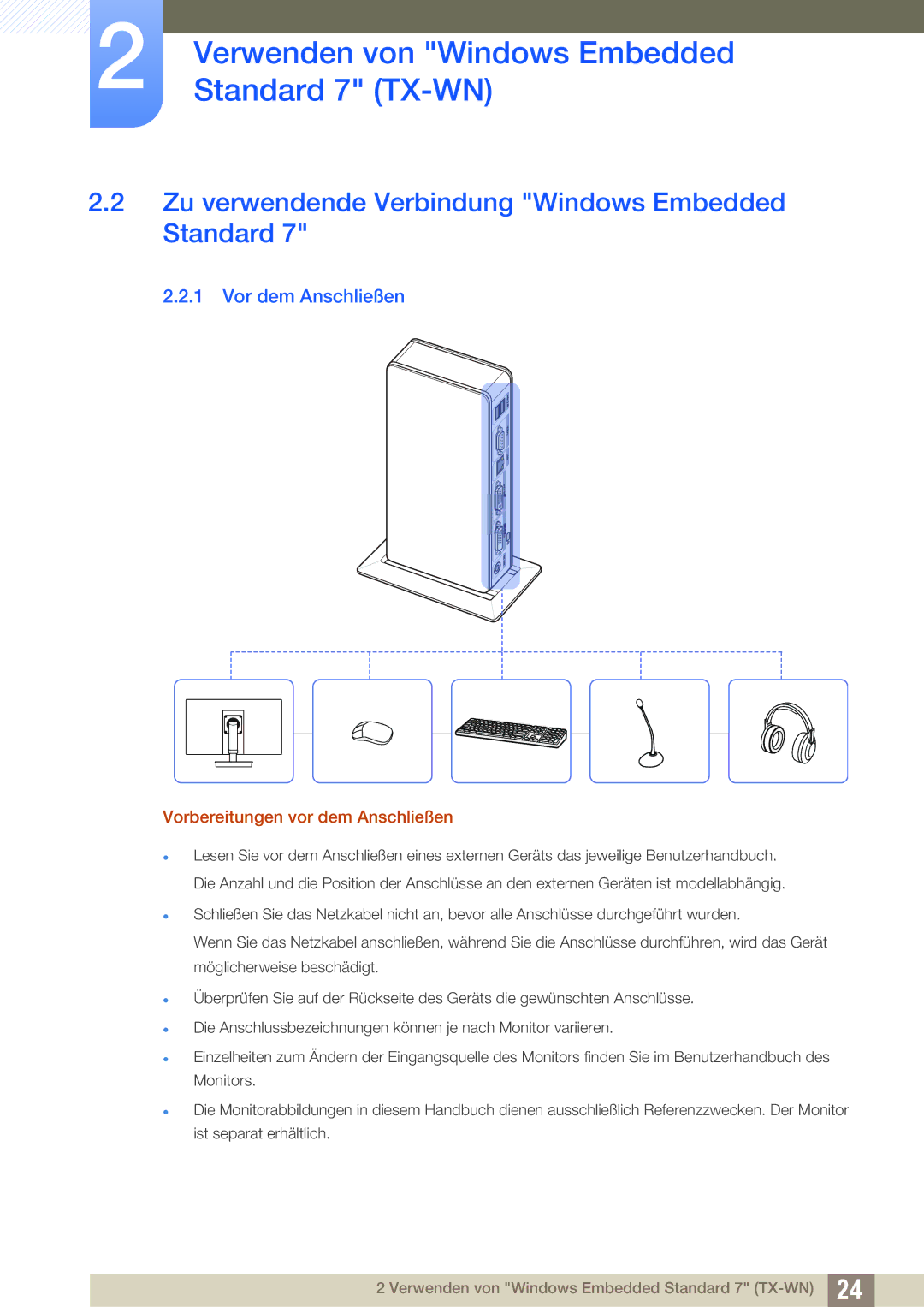 Samsung LF-TXWND/EN, LF-TXWNF/EN manual Zu verwendende Verbindung Windows Embedded Standard, Vor dem Anschließen 