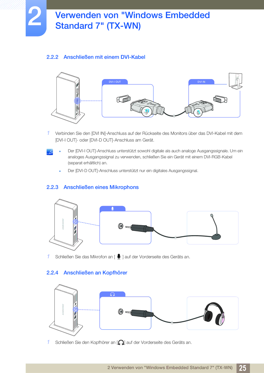 Samsung LF-TXWNF/EN, LF-TXWND/EN Anschließen mit einem DVI-Kabel, Anschließen eines Mikrophons, Anschließen an Kopfhörer 