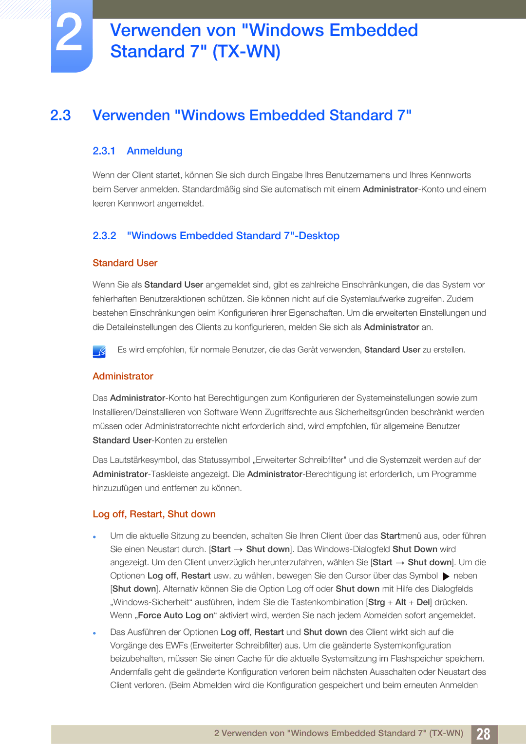 Samsung LF-TXWND/EN, LF-TXWNF/EN manual Verwenden Windows Embedded Standard, Anmeldung, Windows Embedded Standard 7-Desktop 