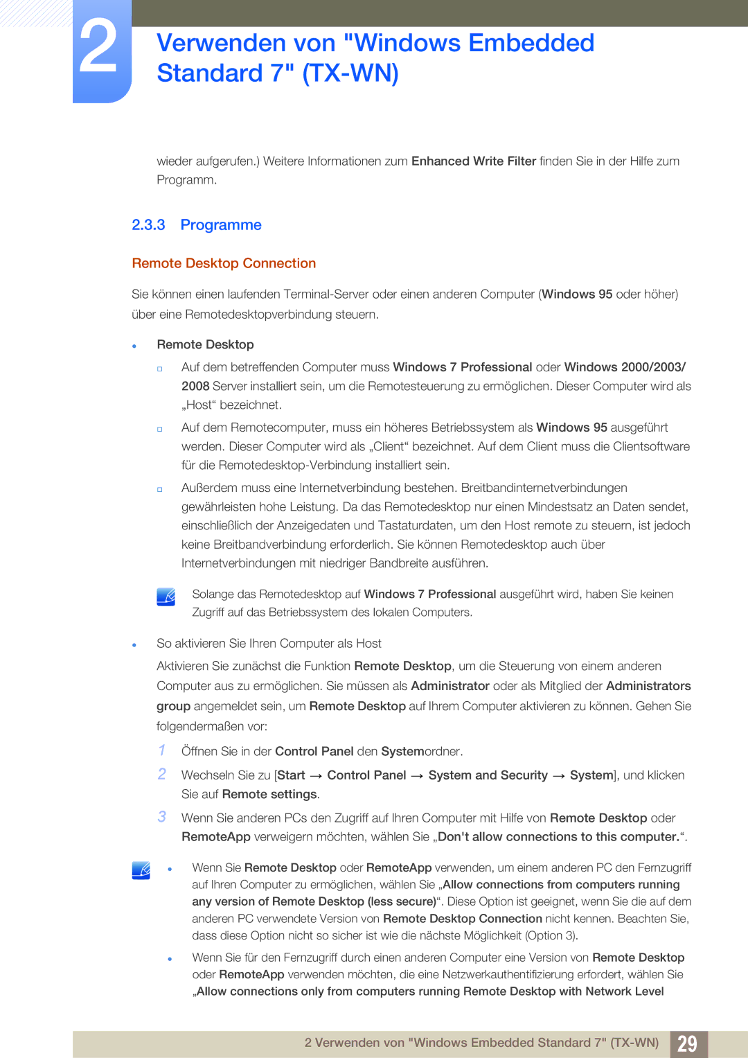 Samsung LF-TXWNF/EN, LF-TXWND/EN manual Programme, Remote Desktop Connection 