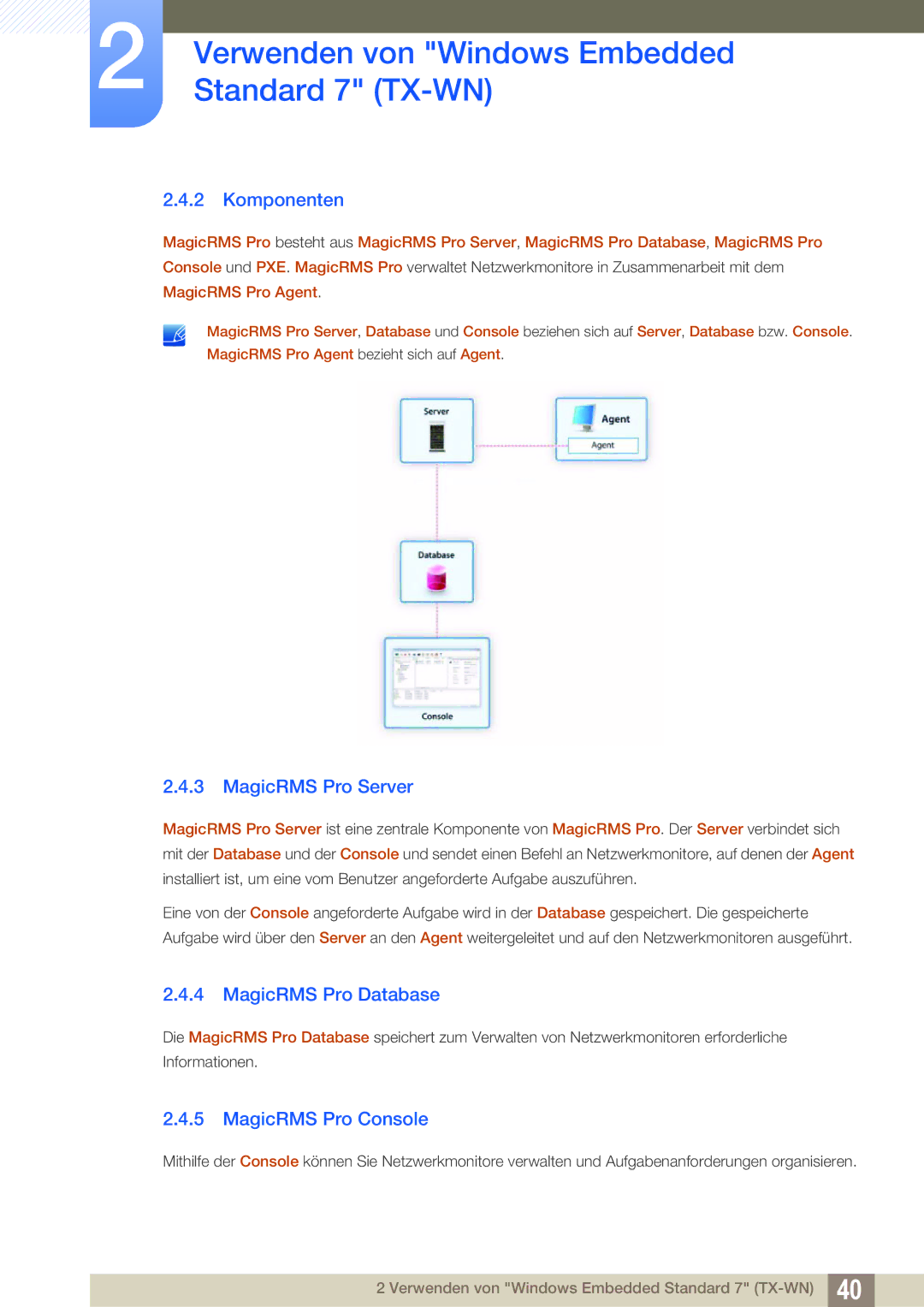 Samsung LF-TXWND/EN, LF-TXWNF/EN manual Komponenten, MagicRMS Pro Server, MagicRMS Pro Database, MagicRMS Pro Console 