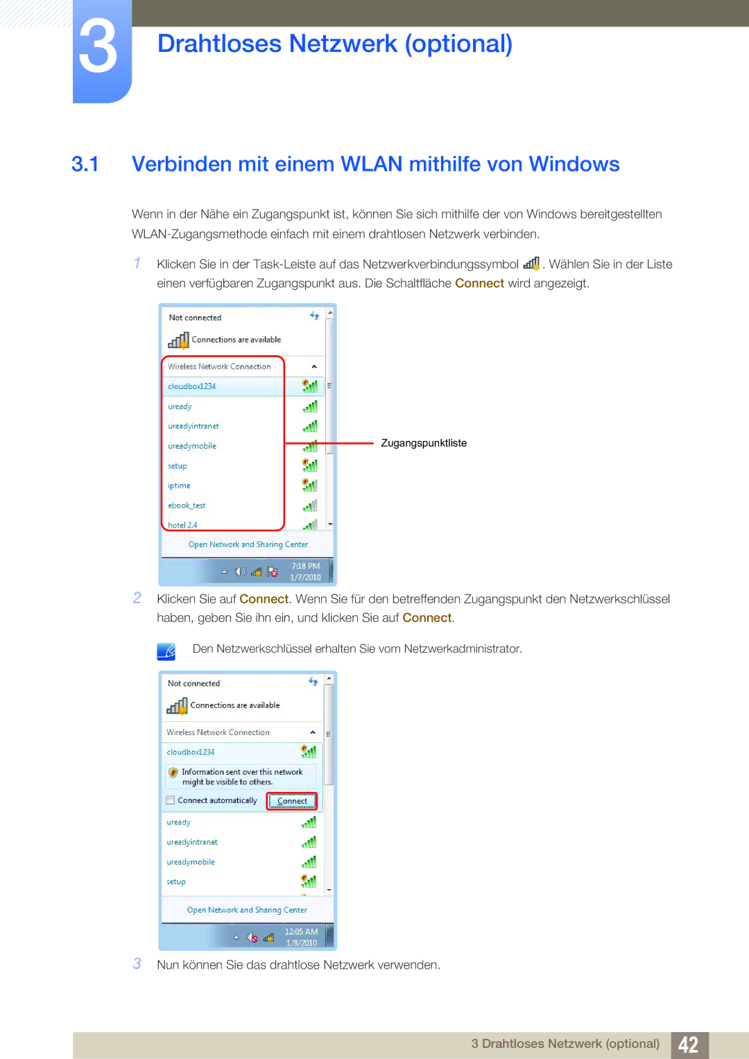 Samsung LF-TXWND/EN, LF-TXWNF/EN manual Drahtloses Netzwerk optional, Verbinden mit einem Wlan mithilfe von Windows 