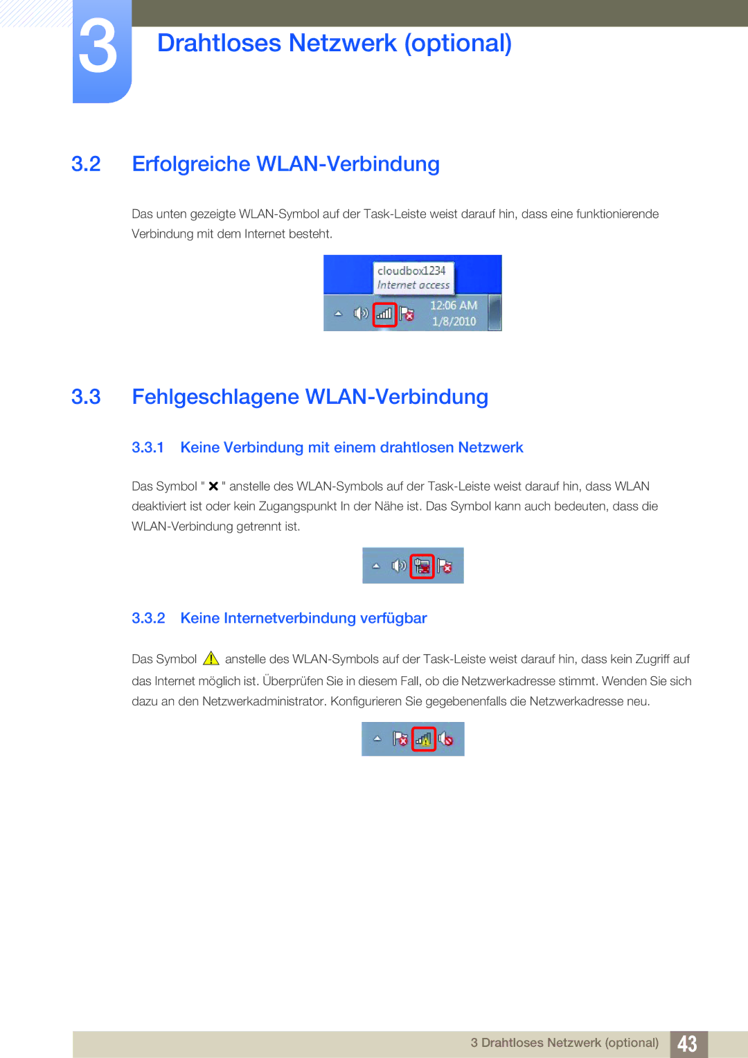 Samsung LF-TXWNF/EN Erfolgreiche WLAN-Verbindung, Fehlgeschlagene WLAN-Verbindung, Keine Internetverbindung verfügbar 