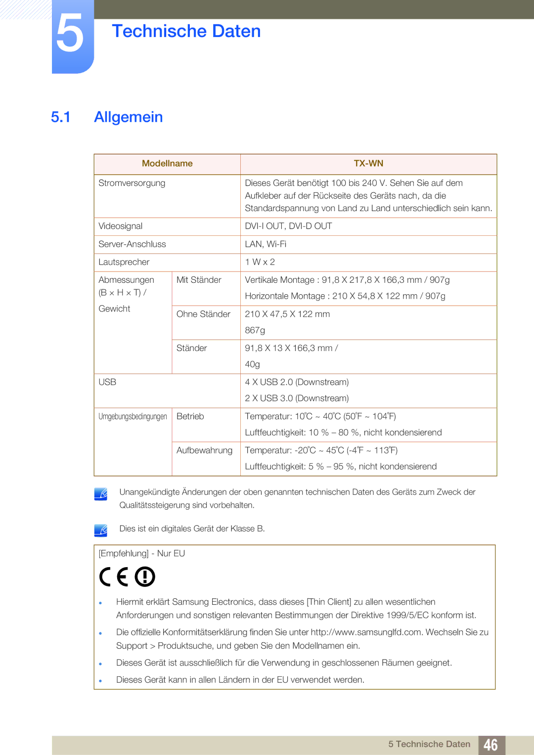 Samsung LF-TXWND/EN, LF-TXWNF/EN manual Technische Daten, Allgemein 