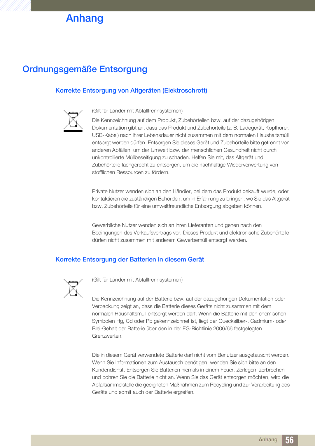 Samsung LF-TXWND/EN, LF-TXWNF/EN manual Ordnungsgemäße Entsorgung, Korrekte Entsorgung von Altgeräten Elektroschrott 