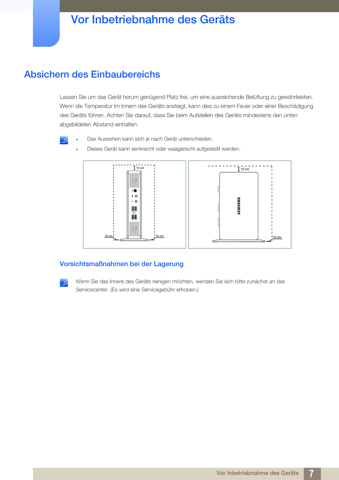 Samsung LF-TXWNF/EN, LF-TXWND/EN manual Absichern des Einbaubereichs, Vorsichtsmaßnahmen bei der Lagerung 