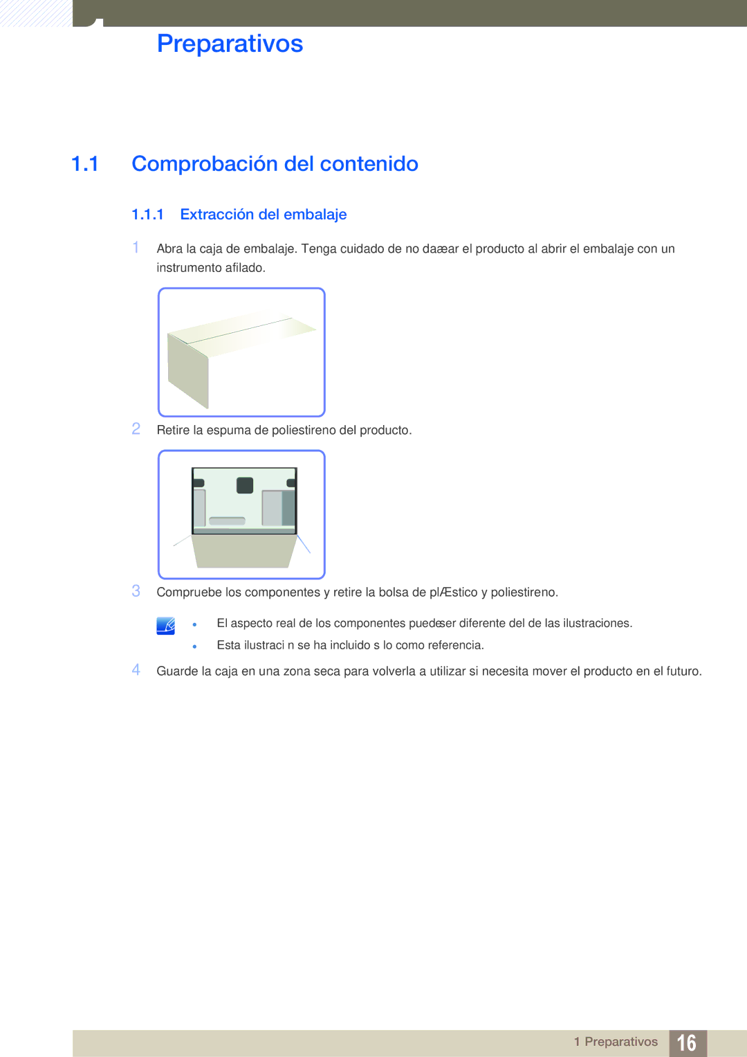 Samsung LF-TXWND/EN, LF-TXWNF/EN manual Preparativos, Comprobación del contenido, Extracción del embalaje 