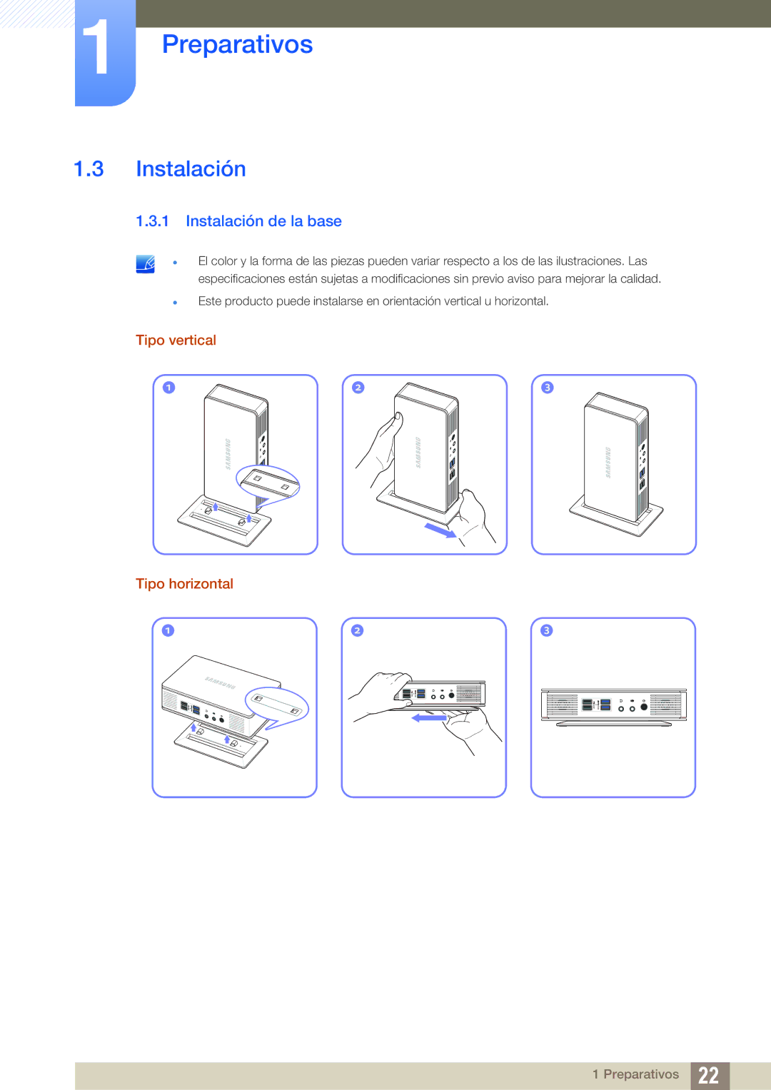 Samsung LF-TXWND/EN, LF-TXWNF/EN manual Instalación de la base, Tipo vertical Tipo horizontal 