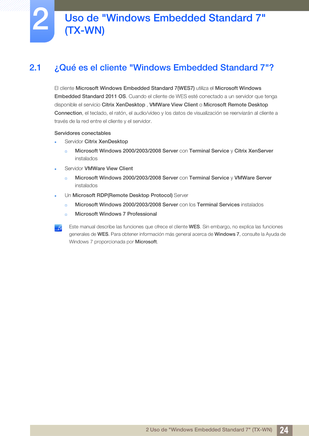 Samsung LF-TXWND/EN, LF-TXWNF/EN Uso de Windows Embedded Standard 7 TX-WN, ¿Qué es el cliente Windows Embedded Standard 7? 