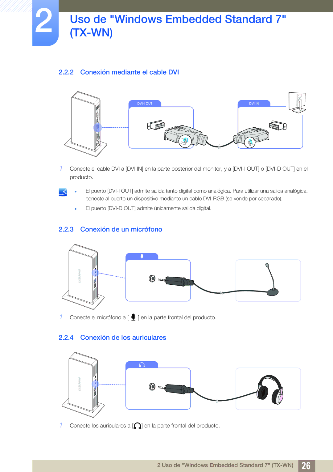 Samsung LF-TXWND/EN, LF-TXWNF/EN Conexión mediante el cable DVI, Conexión de un micrófono, Conexión de los auriculares 