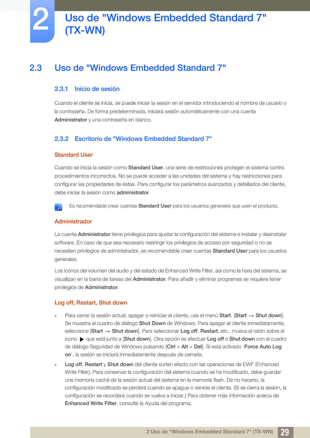 Samsung LF-TXWNF/EN manual Uso de Windows Embedded Standard, Inicio de sesión, Escritorio de Windows Embedded Standard 