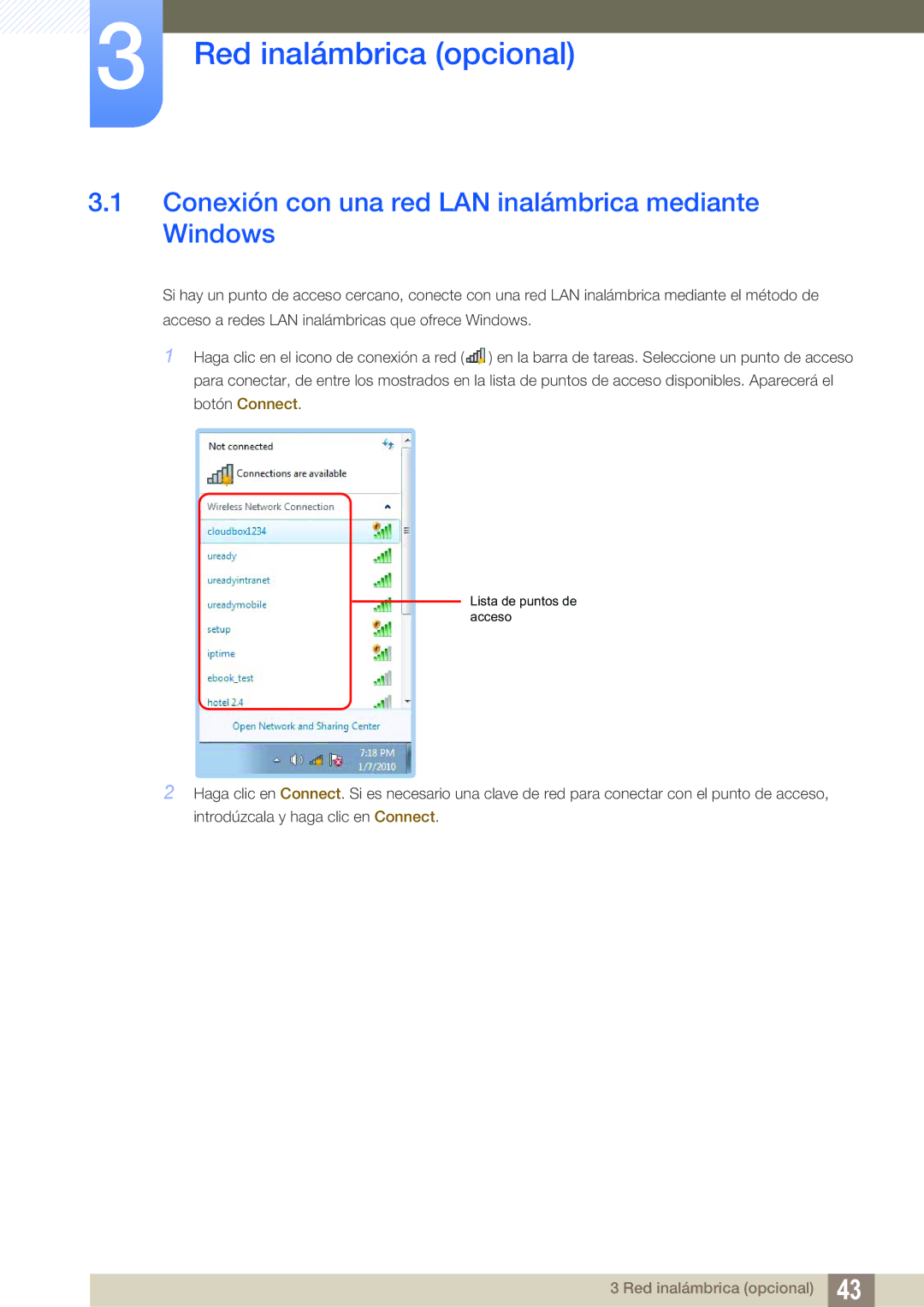 Samsung LF-TXWNF/EN, LF-TXWND/EN manual Red inalámbrica opcional, Conexión con una red LAN inalámbrica mediante Windows 