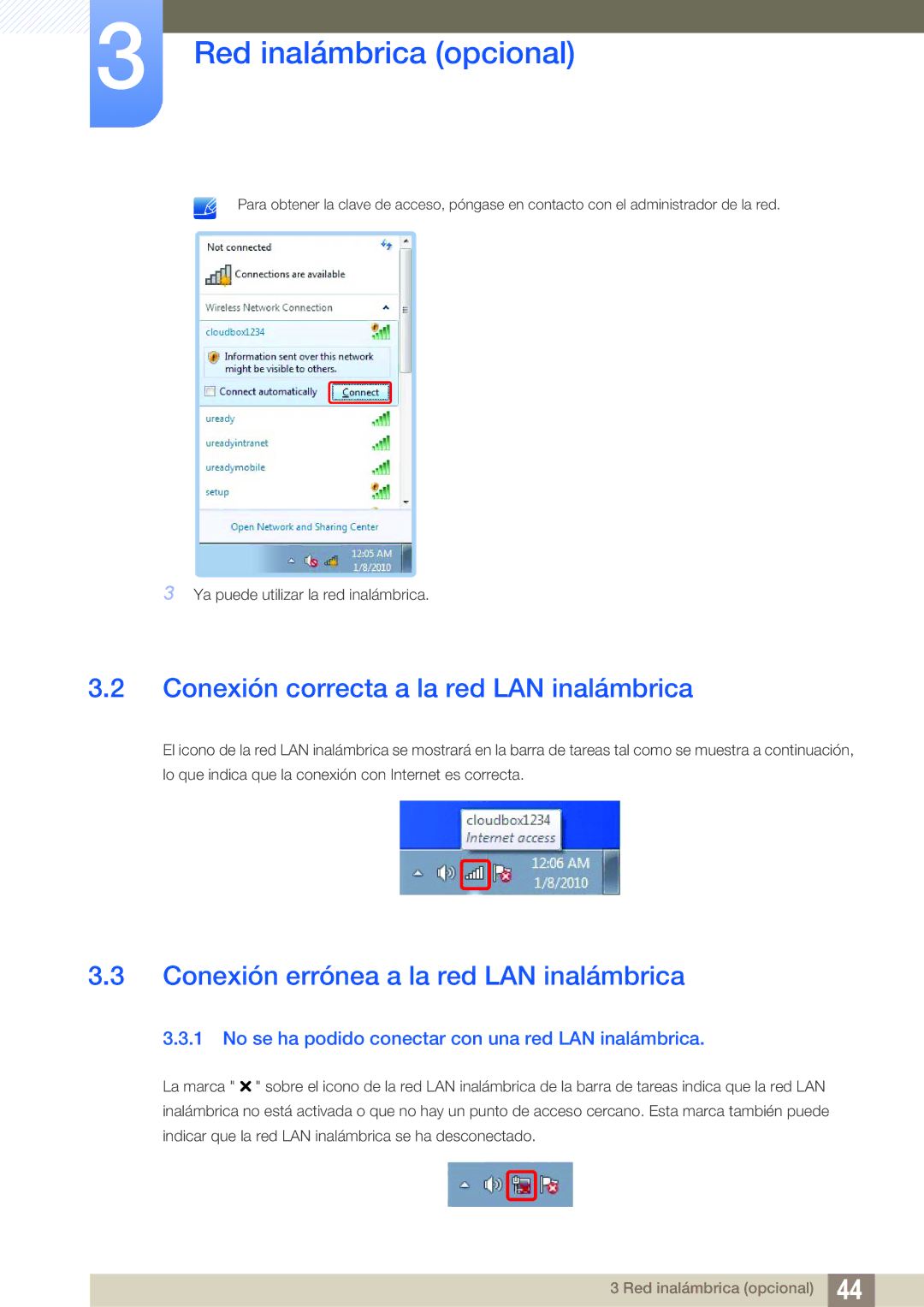 Samsung LF-TXWND/EN, LF-TXWNF/EN Conexión correcta a la red LAN inalámbrica, Conexión errónea a la red LAN inalámbrica 