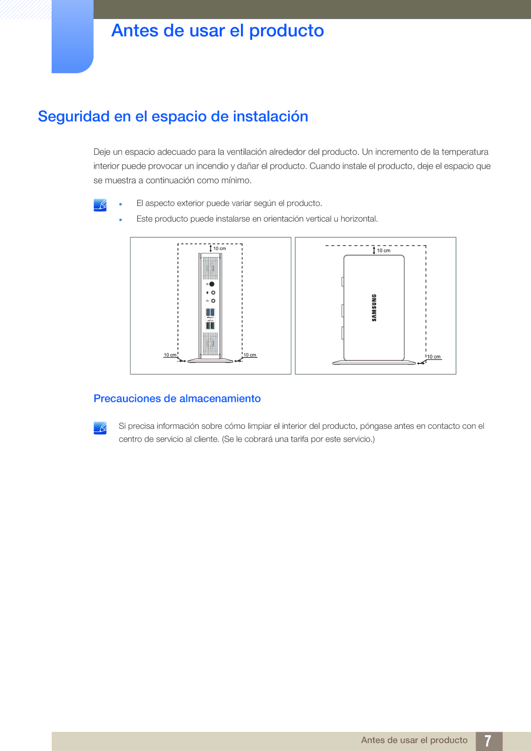 Samsung LF-TXWNF/EN, LF-TXWND/EN manual Seguridad en el espacio de instalación, Precauciones de almacenamiento 