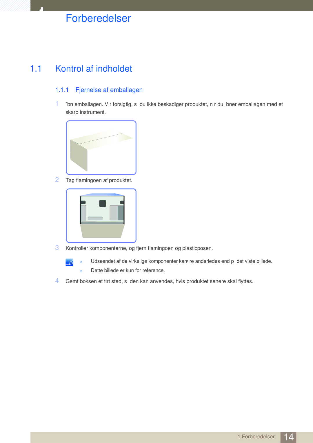 Samsung LF-TXWND/EN, LF-TXWNF/EN manual Forberedelser, Kontrol af indholdet, Fjernelse af emballagen 