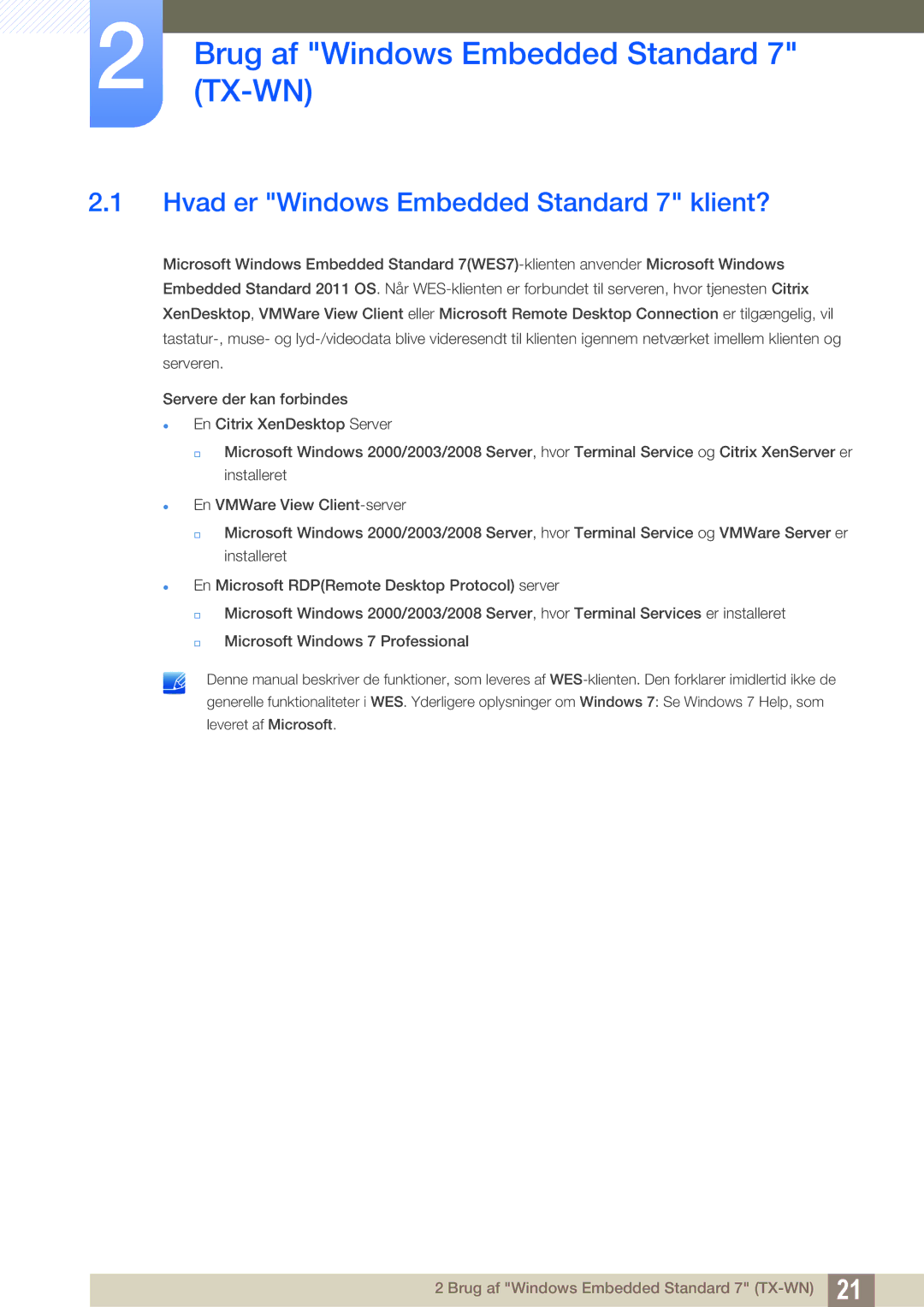 Samsung LF-TXWNF/EN, LF-TXWND/EN Brug af Windows Embedded Standard 7 TX-WN, Hvad er Windows Embedded Standard 7 klient? 