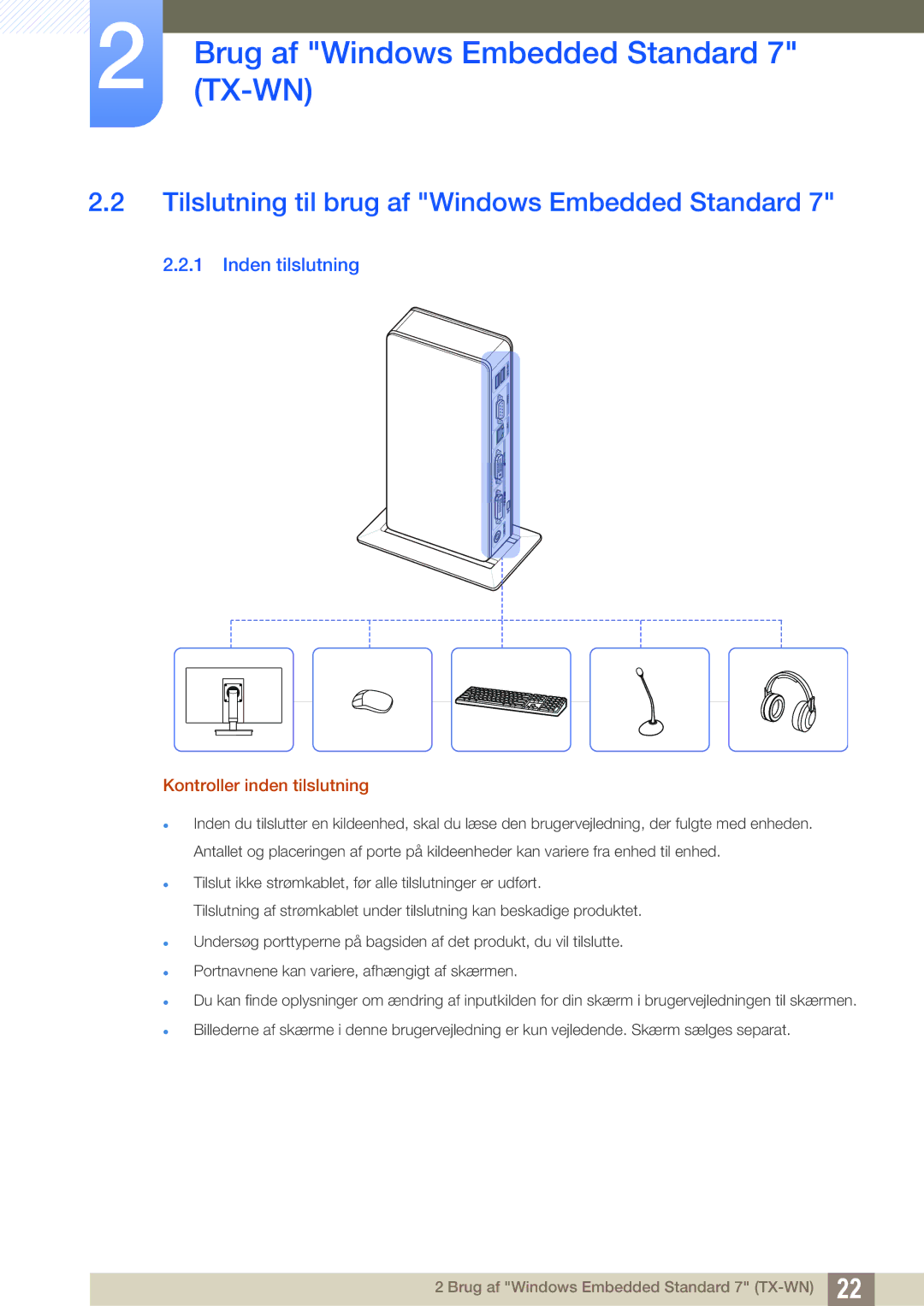 Samsung LF-TXWND/EN Tilslutning til brug af Windows Embedded Standard, Inden tilslutning, Kontroller inden tilslutning 