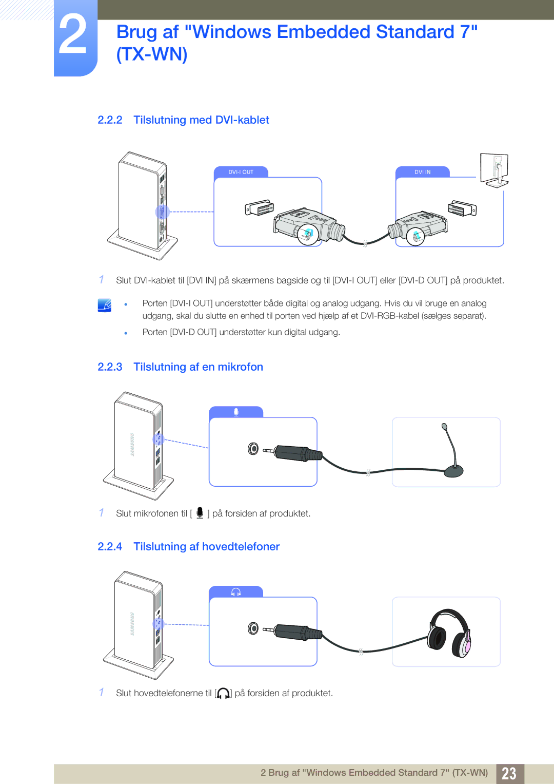 Samsung LF-TXWNF/EN, LF-TXWND/EN Tilslutning med DVI-kablet, Tilslutning af en mikrofon, Tilslutning af hovedtelefoner 