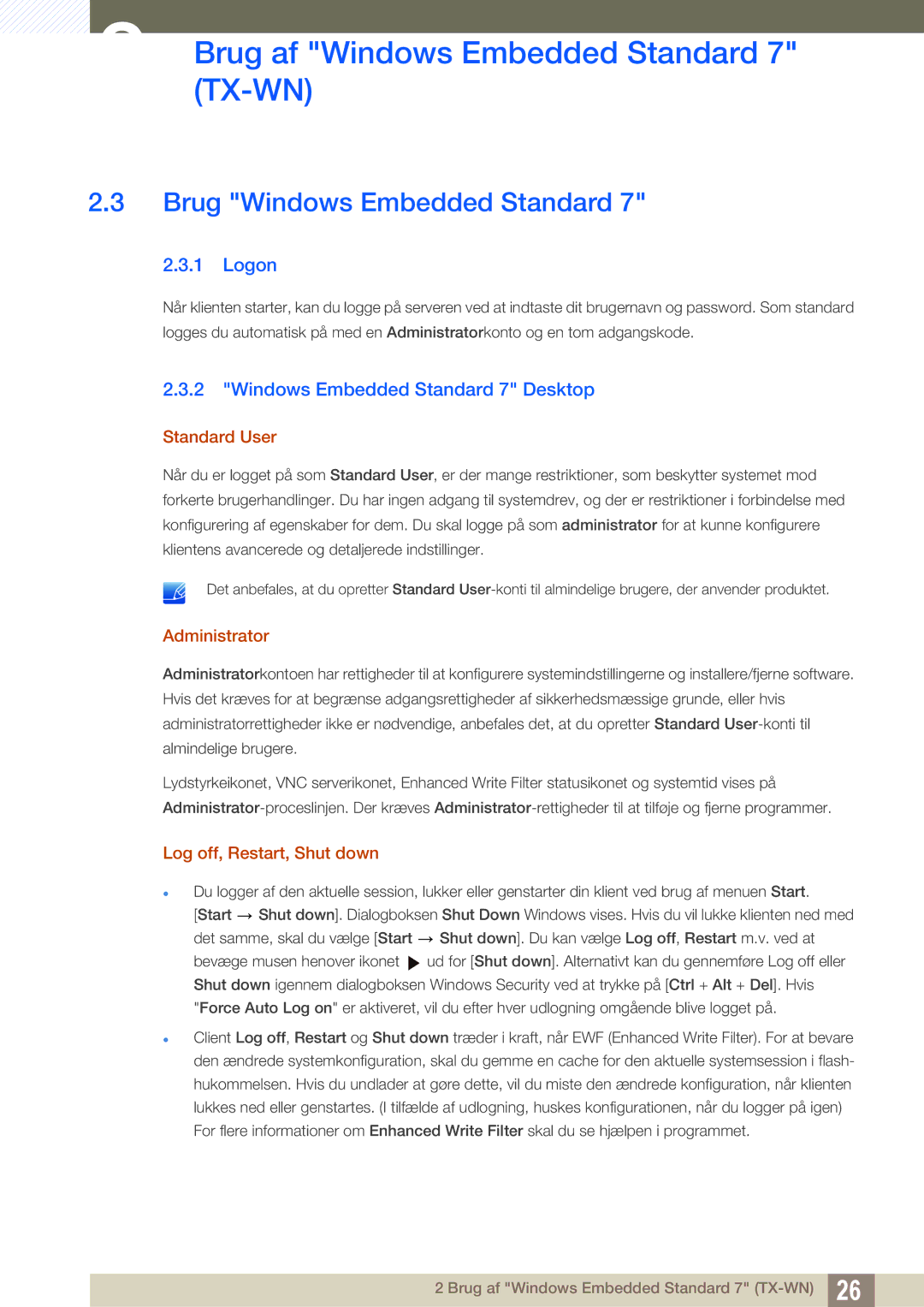 Samsung LF-TXWND/EN, LF-TXWNF/EN manual Brug Windows Embedded Standard, Logon, Windows Embedded Standard 7 Desktop 