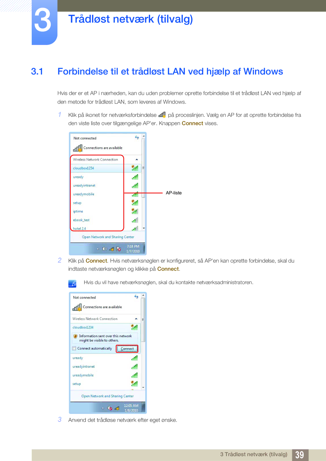 Samsung LF-TXWNF/EN, LF-TXWND/EN manual Trådløst netværk tilvalg, Forbindelse til et trådløst LAN ved hjælp af Windows 