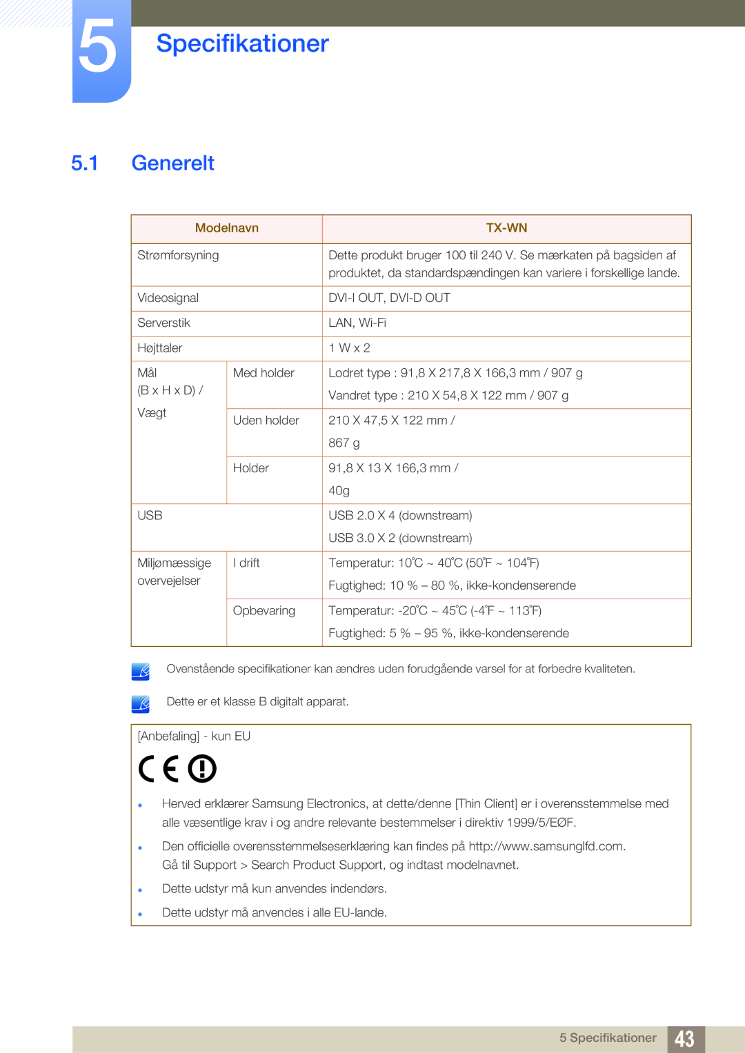 Samsung LF-TXWNF/EN, LF-TXWND/EN manual Specifikationer, Generelt 