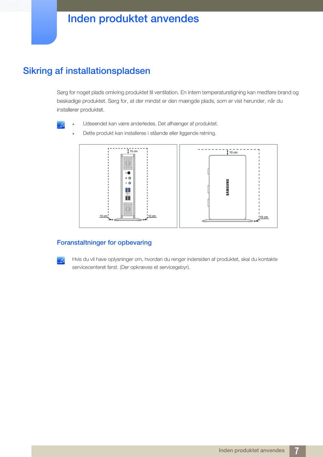 Samsung LF-TXWNF/EN, LF-TXWND/EN manual Sikring af installationspladsen, Foranstaltninger for opbevaring 