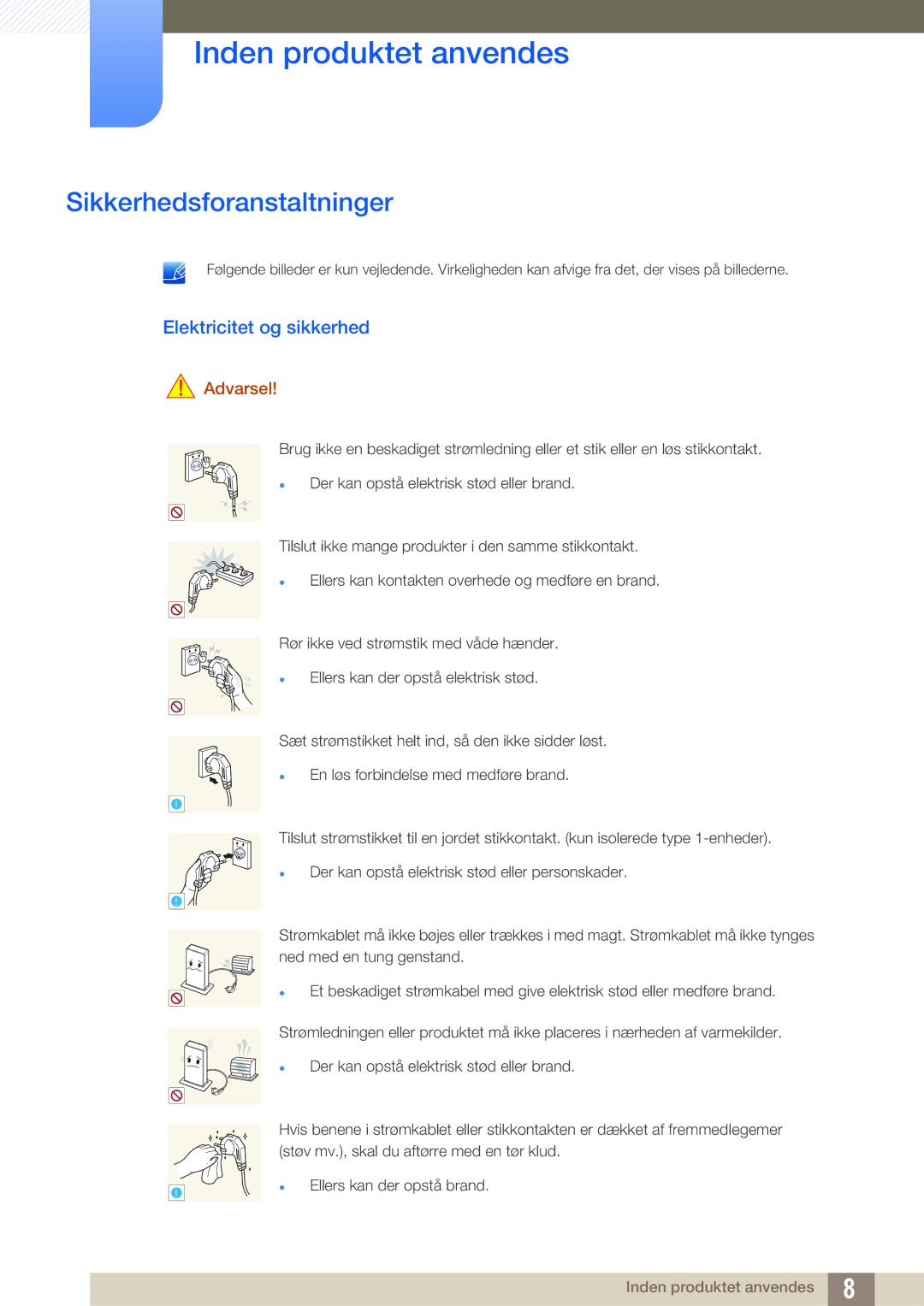 Samsung LF-TXWND/EN, LF-TXWNF/EN manual Sikkerhedsforanstaltninger, Elektricitet og sikkerhed 