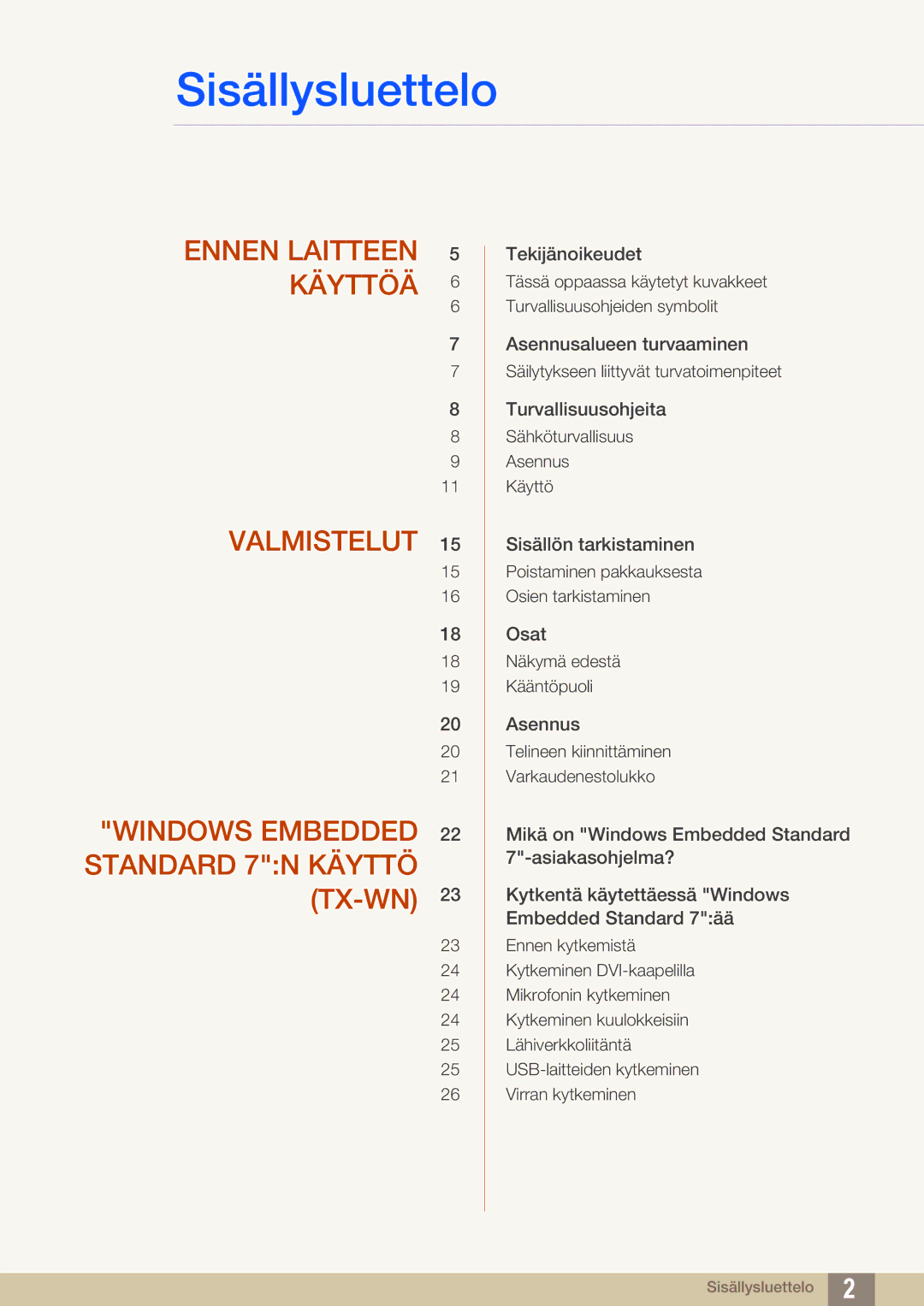 Samsung LF-TXWND/EN, LF-TXWNF/EN manual Sisällysluettelo 