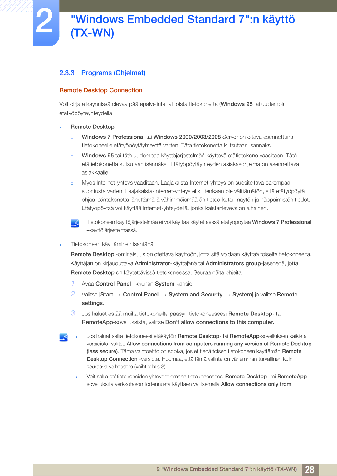 Samsung LF-TXWND/EN, LF-TXWNF/EN manual Programs Ohjelmat, Remote Desktop Connection 