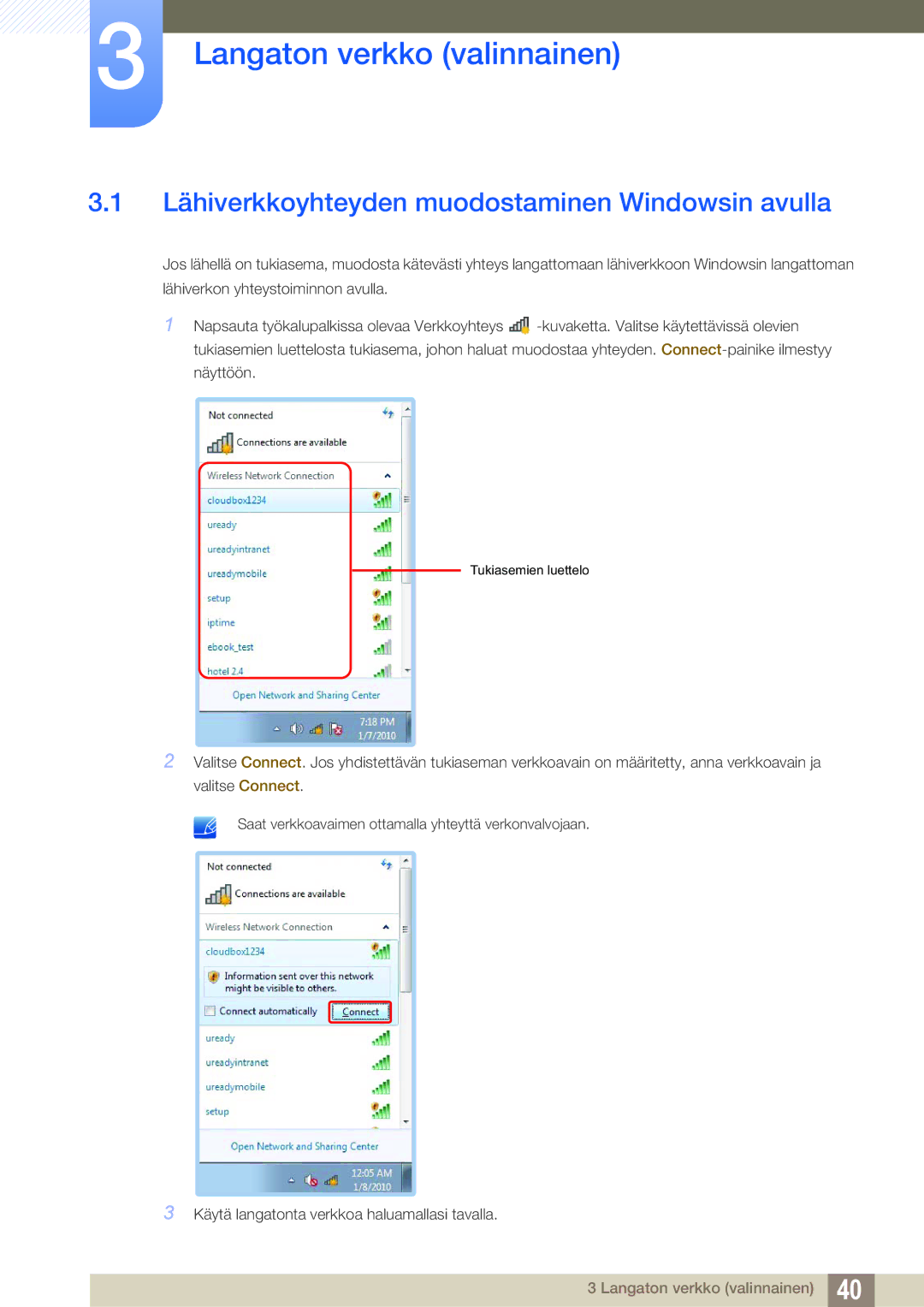 Samsung LF-TXWND/EN, LF-TXWNF/EN manual Langaton verkko valinnainen, Lähiverkkoyhteyden muodostaminen Windowsin avulla 