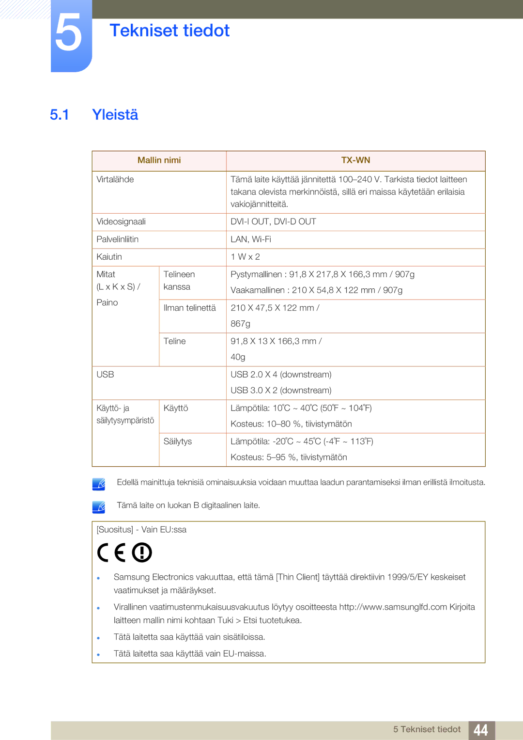 Samsung LF-TXWND/EN, LF-TXWNF/EN manual Tekniset tiedot, Yleistä 