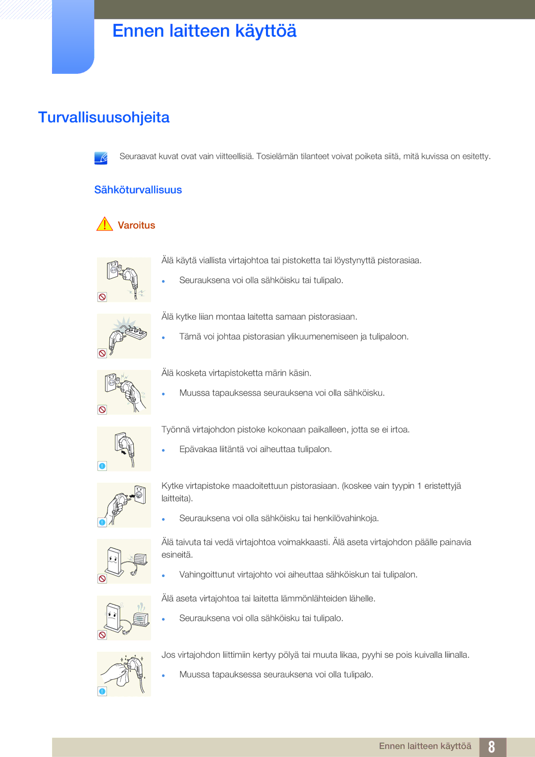 Samsung LF-TXWND/EN, LF-TXWNF/EN manual Turvallisuusohjeita, Sähköturvallisuus, Varoitus 