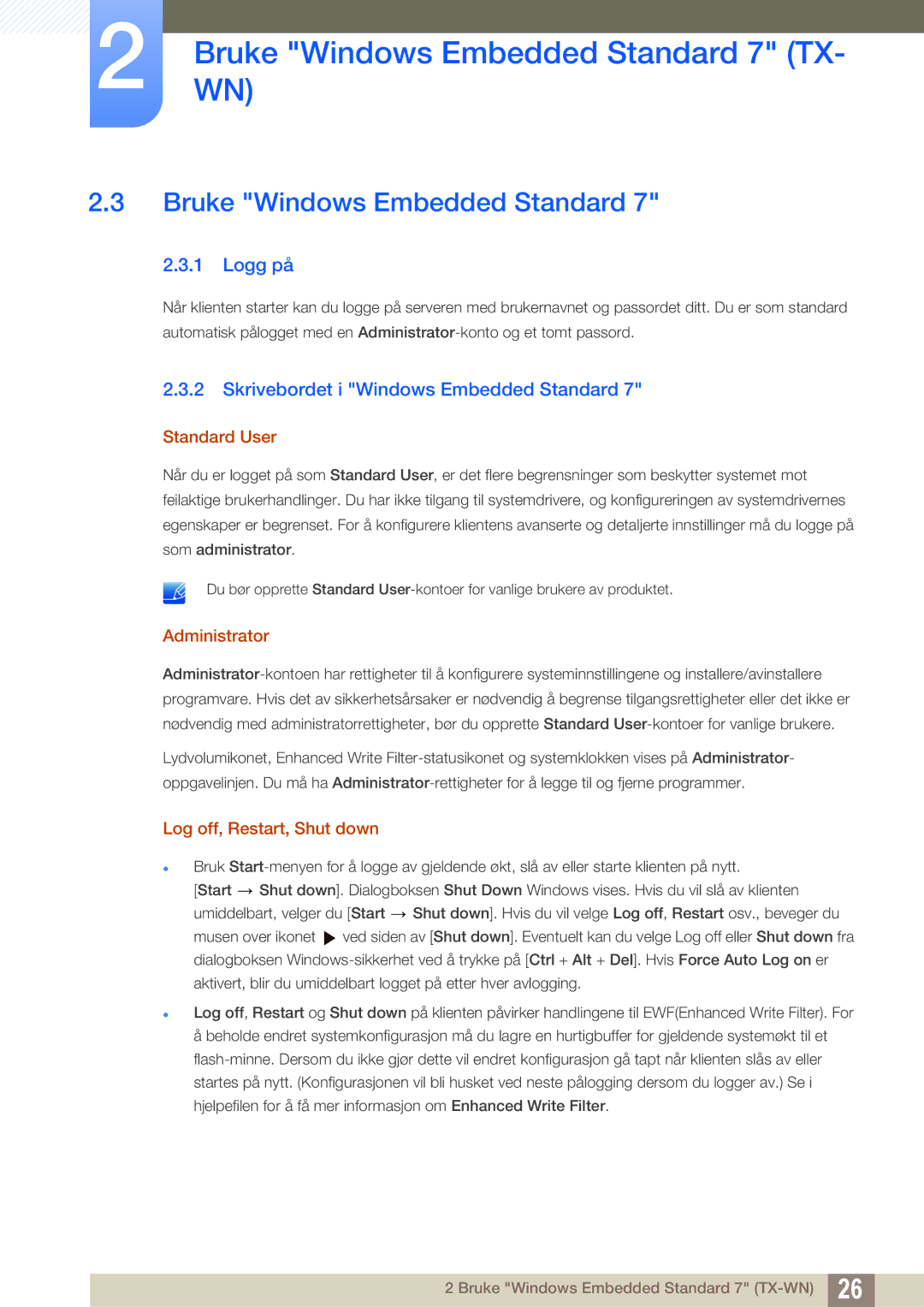 Samsung LF-TXWND/EN, LF-TXWNF/EN manual Bruke Windows Embedded Standard, Logg på, Skrivebordet i Windows Embedded Standard 