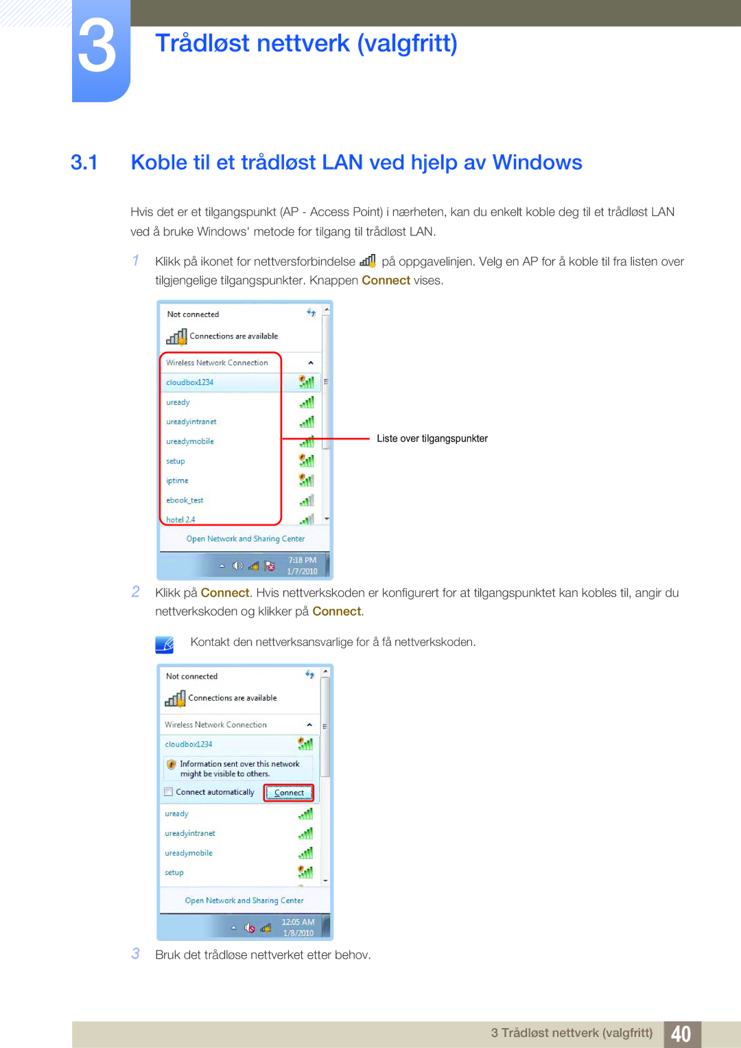 Samsung LF-TXWND/EN, LF-TXWNF/EN manual Trådløst nettverk valgfritt, Koble til et trådløst LAN ved hjelp av Windows 