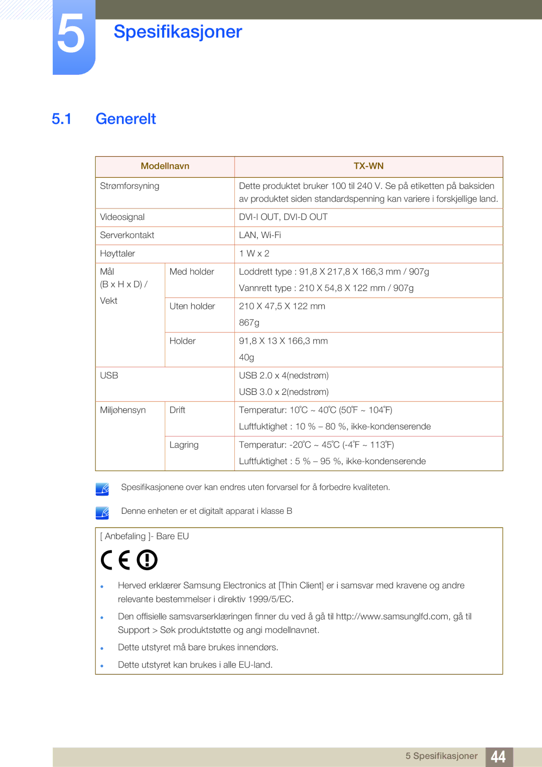 Samsung LF-TXWND/EN, LF-TXWNF/EN manual Spesifikasjoner, Generelt 