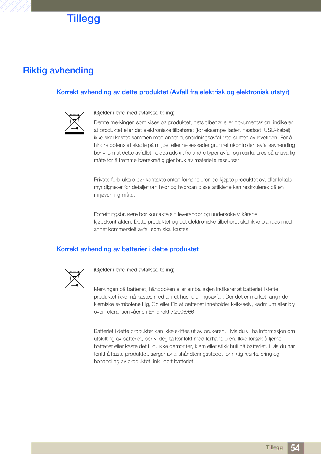 Samsung LF-TXWND/EN, LF-TXWNF/EN manual Riktig avhending, Korrekt avhending av batterier i dette produktet 