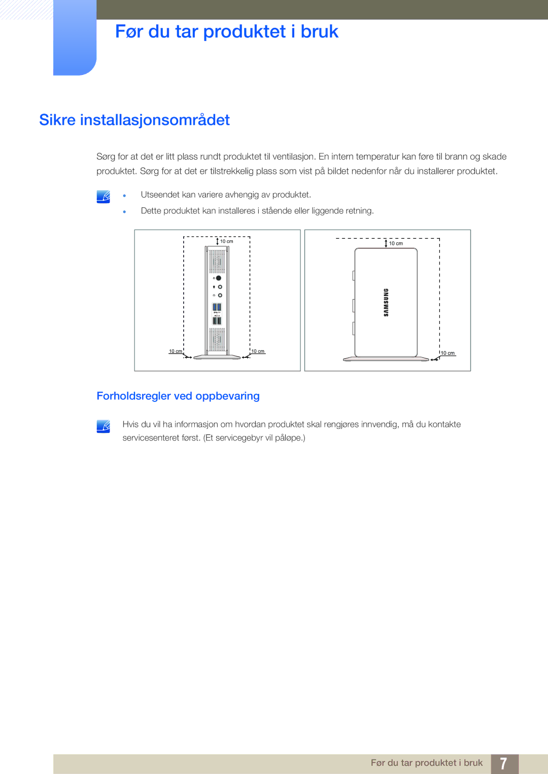 Samsung LF-TXWNF/EN, LF-TXWND/EN manual Sikre installasjonsområdet, Forholdsregler ved oppbevaring 