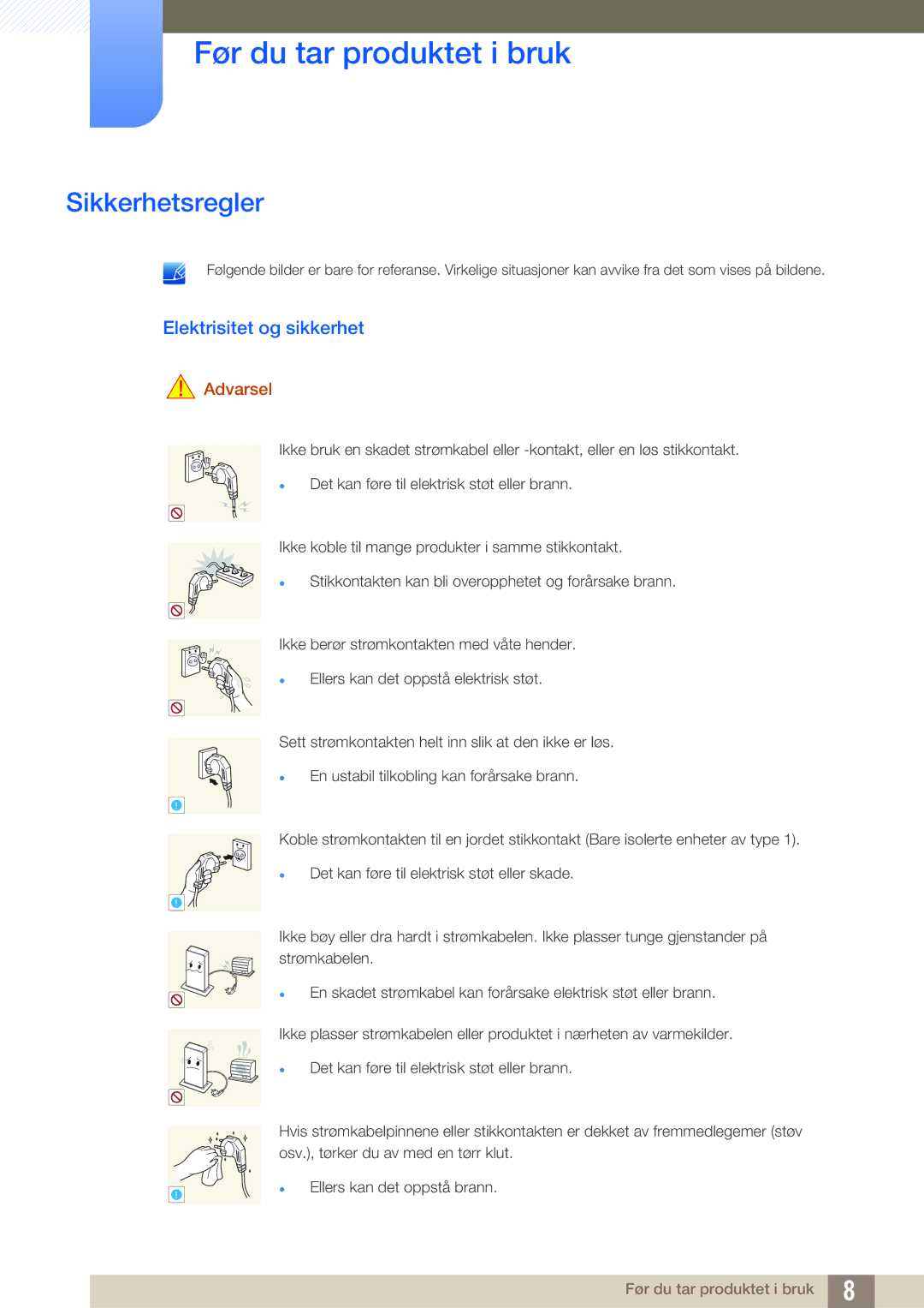 Samsung LF-TXWND/EN, LF-TXWNF/EN manual Sikkerhetsregler, Elektrisitet og sikkerhet 