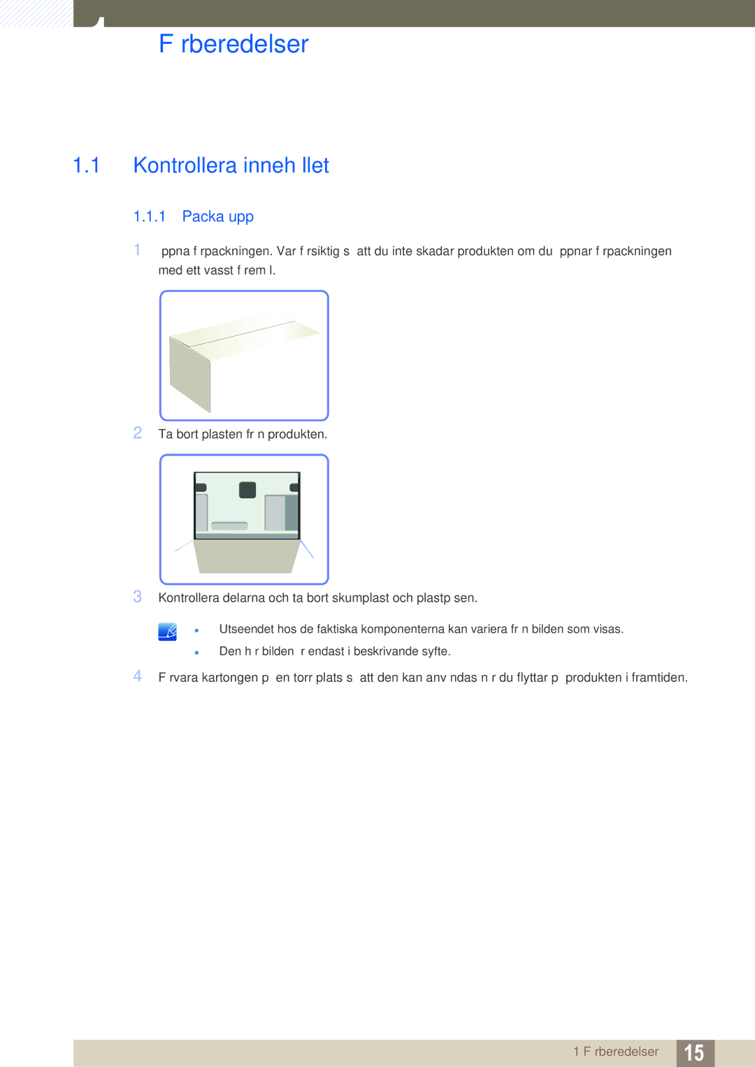 Samsung LF-TXWNF/EN, LF-TXWND/EN manual Förberedelser, Kontrollera innehållet, Packa upp 