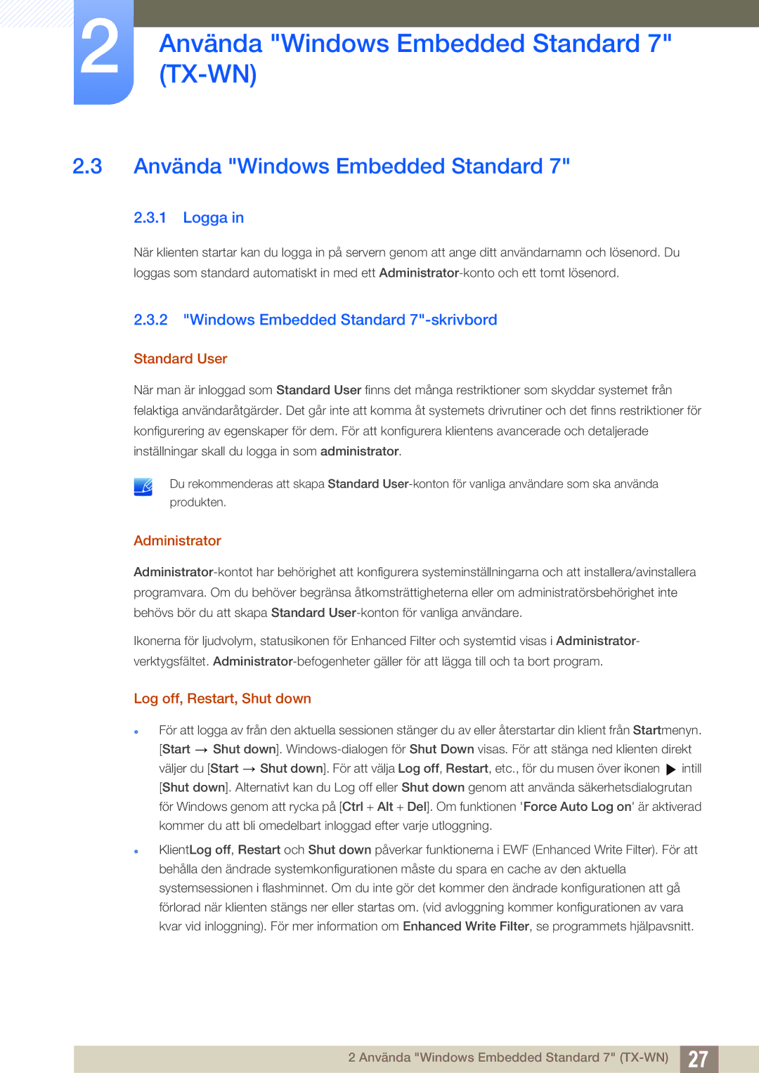 Samsung LF-TXWNF/EN, LF-TXWND/EN manual Använda Windows Embedded Standard, Logga, Windows Embedded Standard 7-skrivbord 