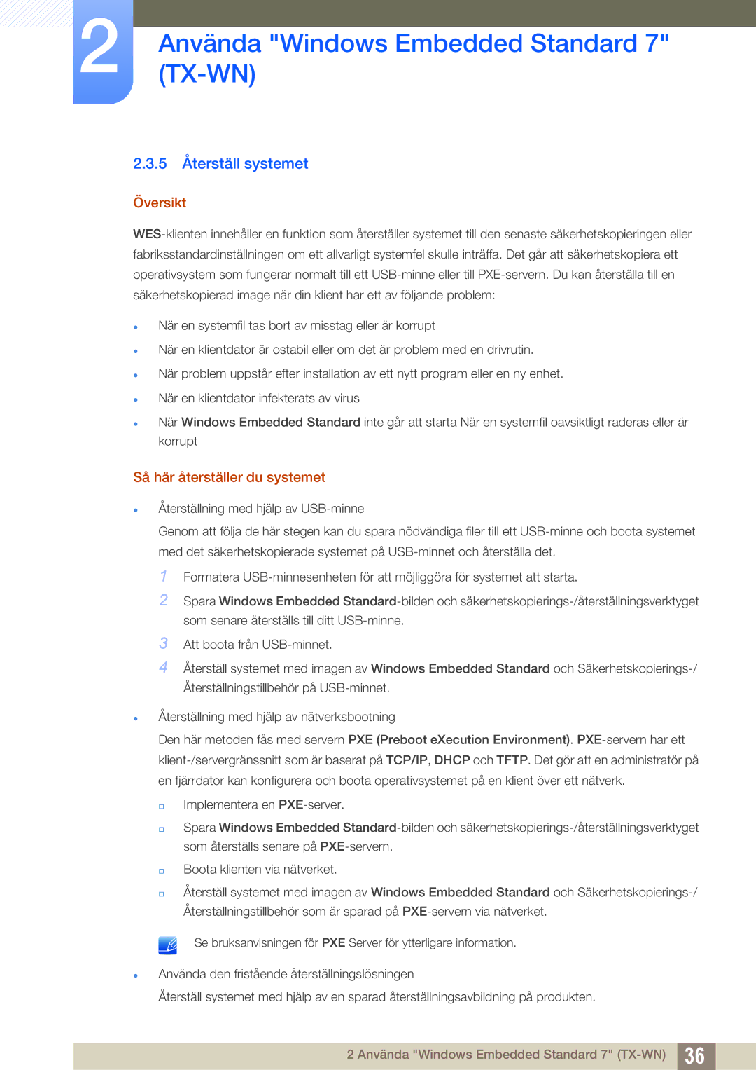 Samsung LF-TXWND/EN, LF-TXWNF/EN manual 5 Återställ systemet, Översikt, Så här återställer du systemet 