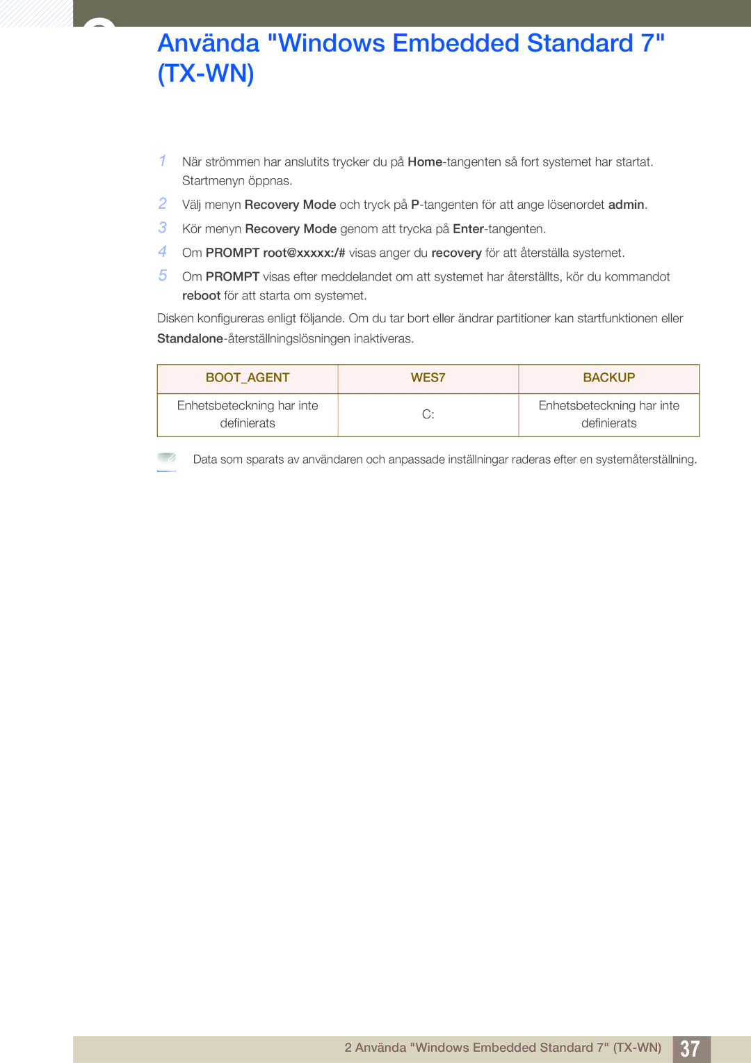 Samsung LF-TXWNF/EN, LF-TXWND/EN manual Bootagent WES7 Backup 