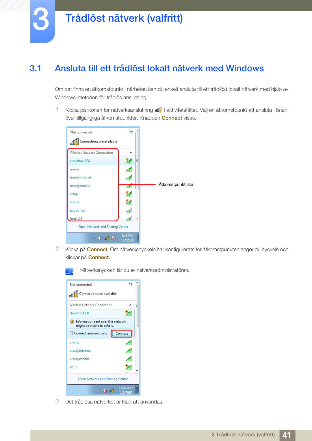 Samsung LF-TXWNF/EN, LF-TXWND/EN manual Trådlöst nätverk valfritt, Ansluta till ett trådlöst lokalt nätverk med Windows 